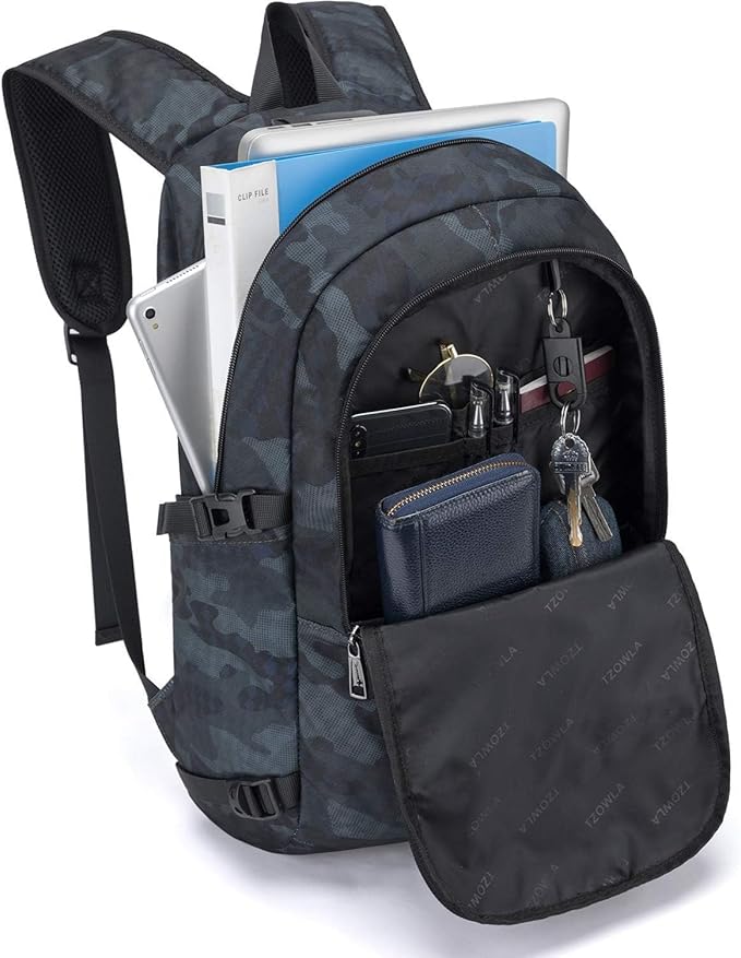 Tzowla Business Laptop Backpack Water Resistant Anti-Theft Backpack with USB Charging Port and Lock 17.3 Inch Computer Backpacks for Women Men, Casual Hiking Travel Daypack (Navy Blue Camo)