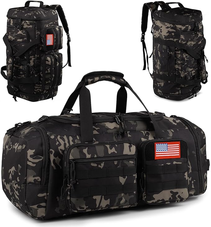 Tactical Gym Bag for Men，50L Large 3 in 1 Sports Duffle Bag with Shoes Compartment for Travel,Water Resistant Travel Backpack Weekender Overnight Bag with Wet Pocket for Women