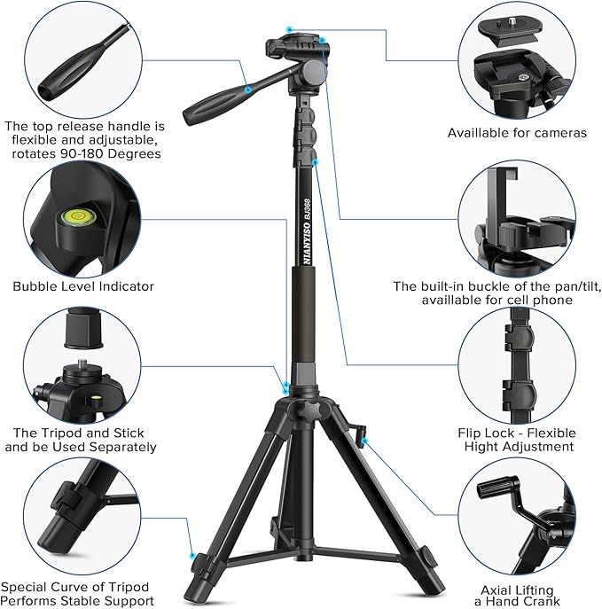 Camera Tripod 69 Inch, Patented 3-Way Swivel Portable Phone Tripod Professional Aluminum Alloy Travel Phone Camera Stand Monopod for Canon Nikon GoPro DSLR, DV Video Camcorder, Smartphone Black