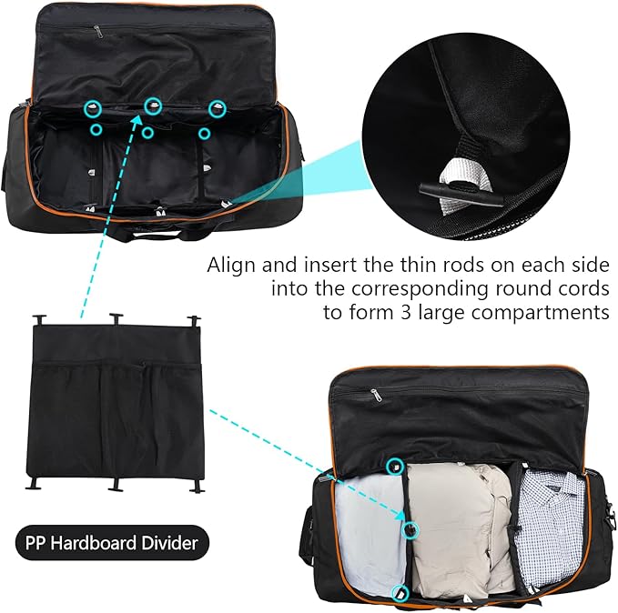 110L Expandable to 140L 32” Foldable Oxford Soft-Sided Rolling Duffle Bag with 2 Heavy-Duty Wheels,3 Large Compartments,Adjustable Shoulder Strap and Attached Organizer Pouch,Black Orange