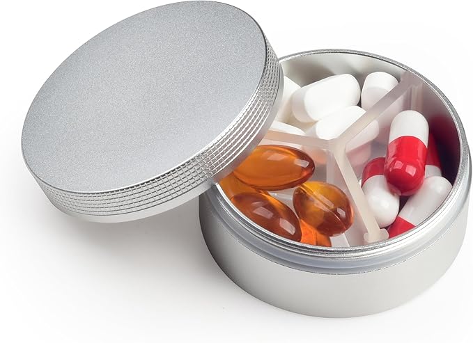Small Pill Case 3 Compartments, Metal Round Portable Pill Box, Waterproof Travel Pill Organizer, Pocket Purse Medicine Vitamin Holder EDC Container (Silver)