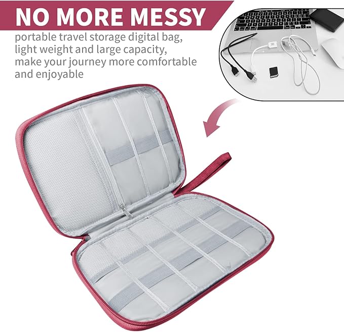 Electronics Travel Organizer,Portable Waterproof Electronic Travel Storage Bag for Small Charging Cord Storage,Charger,Small Electronics,SD Card etc,for Travel,Business -Wine Red