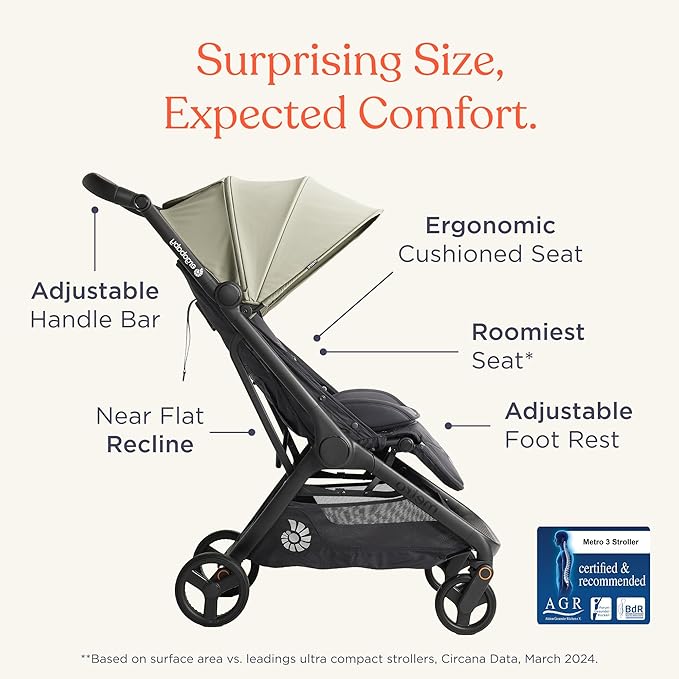 Ergobaby Metro 3 All in One Compact Baby Stroller, Lightweight Travel Stroller, Easy One-Hand Fold for Overhead Airplane Storage (Carries up to 50 lbs), Car Seat Compatible, Onyx Black