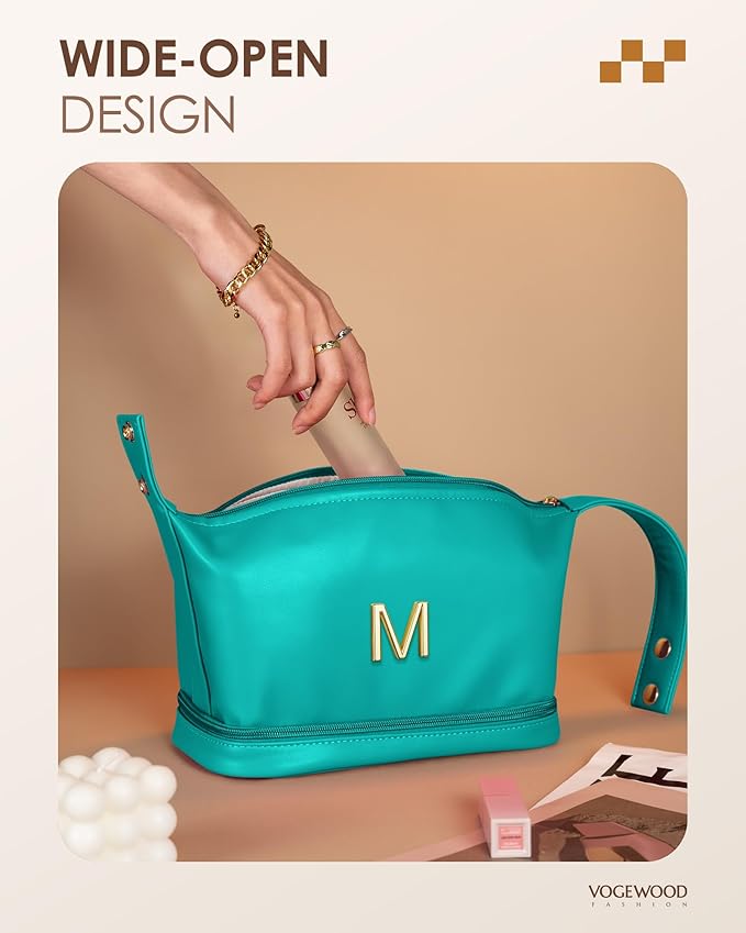 Gifts for Women, Personalized Makeup Bag Organizer with Handle, Initial Double Layer Cosmetic Bag with Makeup Brush Organizer, Cute Cosmetic Pouch for Women, Gift for College Girls