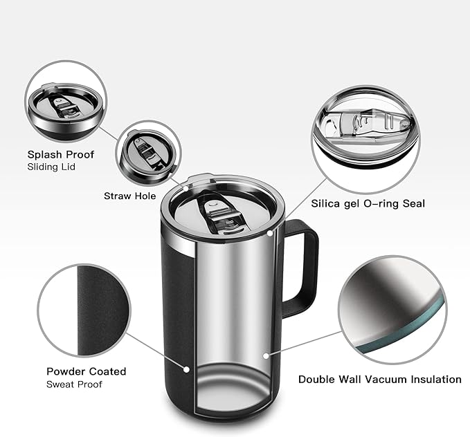 KXIAOCHEN 20oz Insulated Coffee Mug with Lid, Stainless Steel Coffee Cup, Double Wall Vacuum Coffee Tumbler with Handle, Premium Thermal Travel Coffee Mug (Glitter Black White 2Pack)