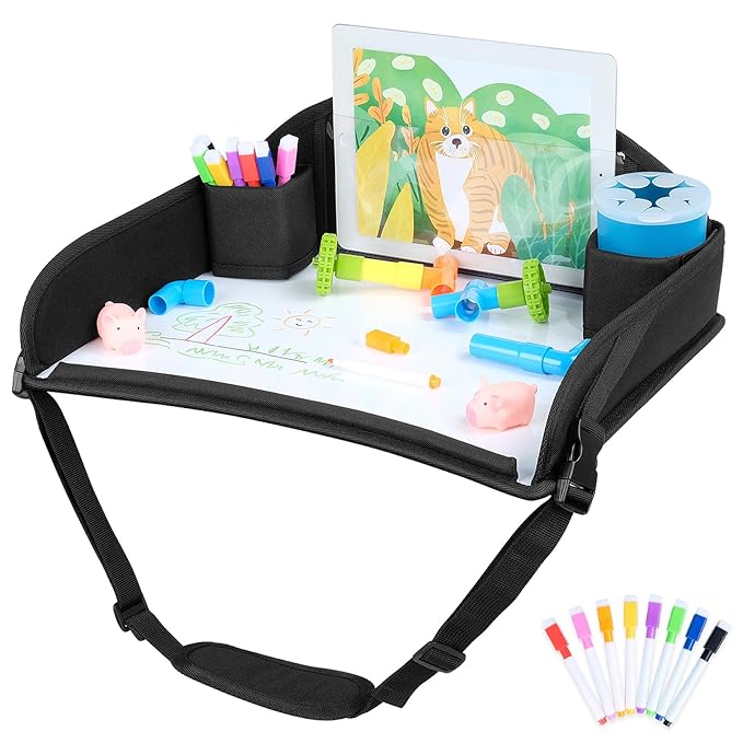 COOLBEBE Kids Travel Tray for Toddler Car Seat, Travel Tray for Airplane, Toddler Car Seat Lap Tray, Carseat Table Tray for Kids Travel Activities (Black-1)