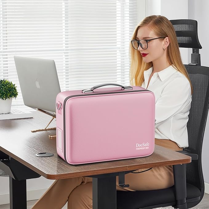 DocSafe Fireproof Document Box with Lock＆Shoulder Strap,Hard Case File Organizer with Accordion File Folder,Multi-Layer Portable Home Office Travel Safe Storage for Important Documents Laptop Pink