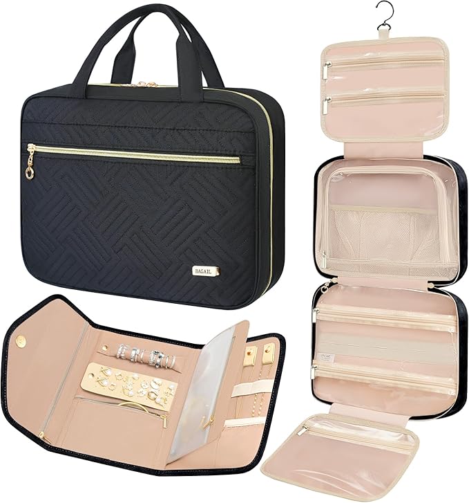 BAGAIL Hanging Toiletry Bag for Women Water-resistant Cosmetic Bag Large Capacity Travel Makeup Organizer for Full-Sized Travel Essentials(Classic+Jewelry Bag, Black)