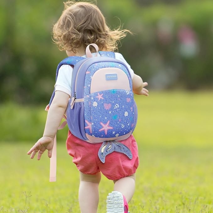 mommore Toddler Backpack for Girls 2-4 Neoprene Backpack with Kids Leash, 3D Cartoon Preschool Kindergarten Bookbag for Pre-k, Mermaid