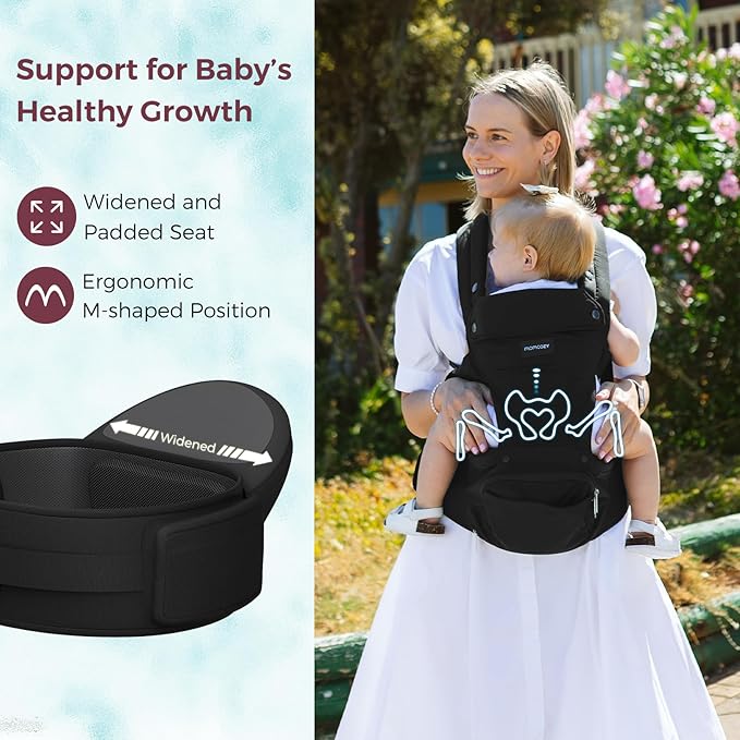 Momcozy Baby Carrier with Hip Seat, 2-in-1 Forward-Facing Carry for Active Babies, Detachable Hands-Free Infant Carrier up to 44lbs, All Seasons Toddler Carrier Fits Waist Sizes up to 45 Inches, Black