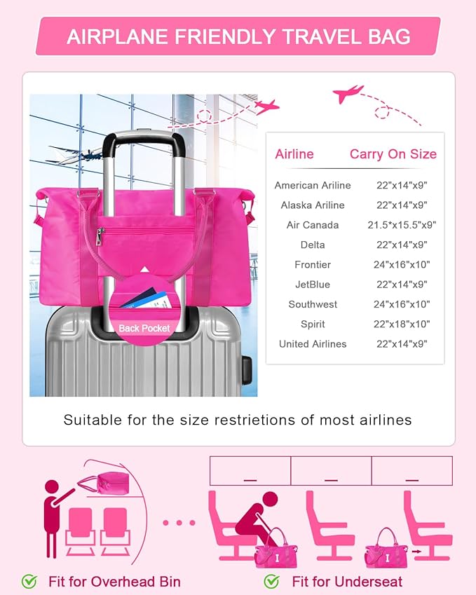 Overnight Bag for Kids Teen Girls Weekender Dance Bag Birthday Graduation Gifts,Initial Travel Duffel Bag Sports Gym Bag Personalized Weekender Bag Carry On Bags Preppy Gifts for Women(Hot Pink, I)