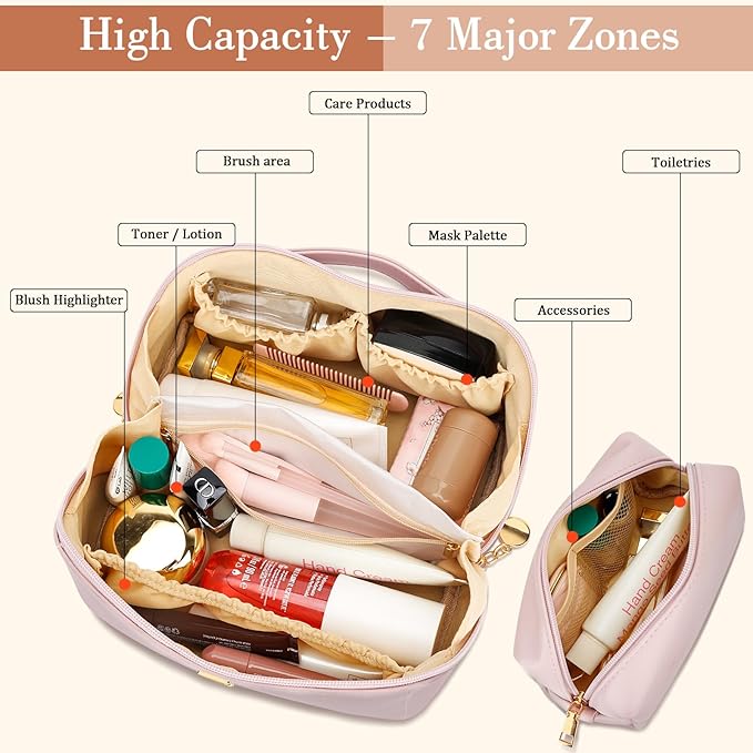 Birthday Gifts for Women Teen Girl, Personalized Initial Makeup Organizer Bag Set, Open Flat Travel Cosmetic Bag With Clear Divider and Handle(Pink,R)