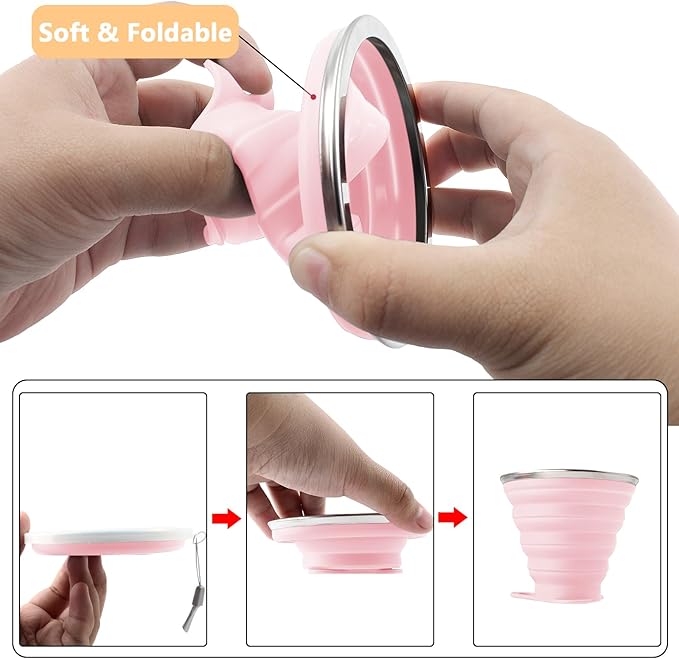 Litoexpe 2 Pack Silicone Collapsible Travel Cup Portable Folding Camping Cup Sets with Lids, Pink & Purple, Capacity 9.22oz (270ml)