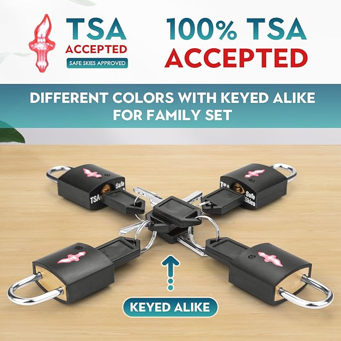 4 Pack TSA Luggage Locks with Key - Black Neon Square for Suitcase Backpack Travel Security Accessories