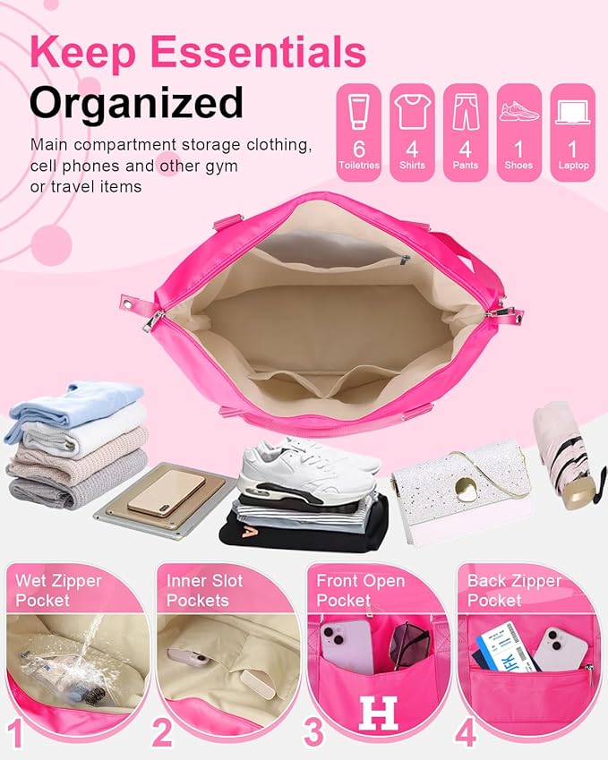 Overnight Bag for Kids Teen Girls Weekender Dance Bag Birthday Graduation Gifts,Initial Travel Duffel Bag Sports Gym Bag Personalized Weekender Bag Carry On Bags Preppy Gifts for Women(Hot Pink, H)