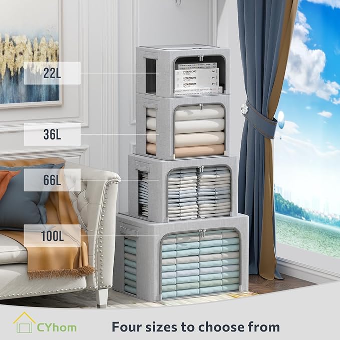 4 Pack Clothes Storage Bins with Metal Frame - Linen Fabric Foldable Stackable Container Organizer Set with Clear Window & Carry Handles & Zippers (Light Grey, 19.7"x15.7"x13")