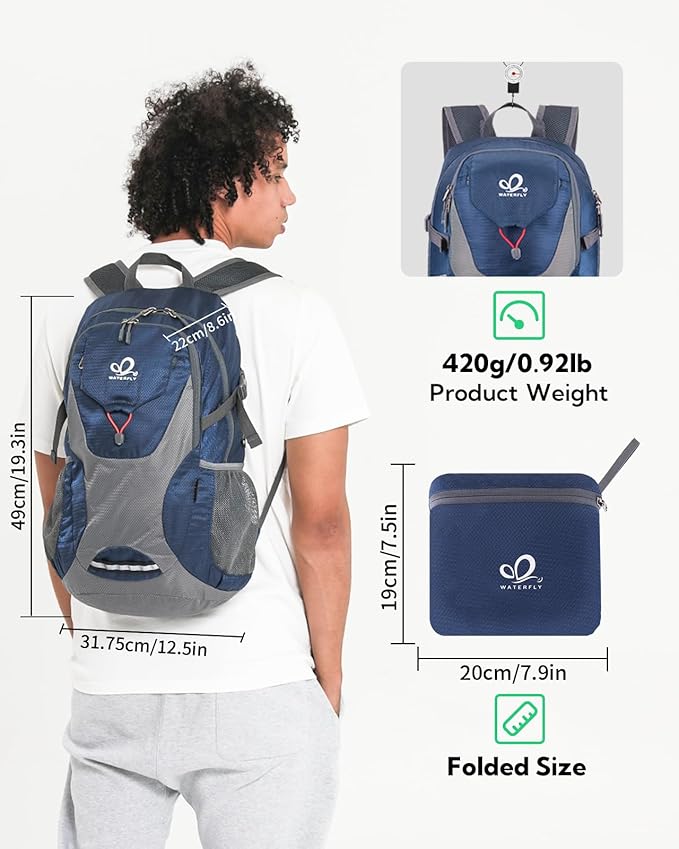 WATERFLY Lightweight Packable Hiking Backpack: 30L Foldable Travel Daypack Ultralight Camping Day Pack for Woman Man