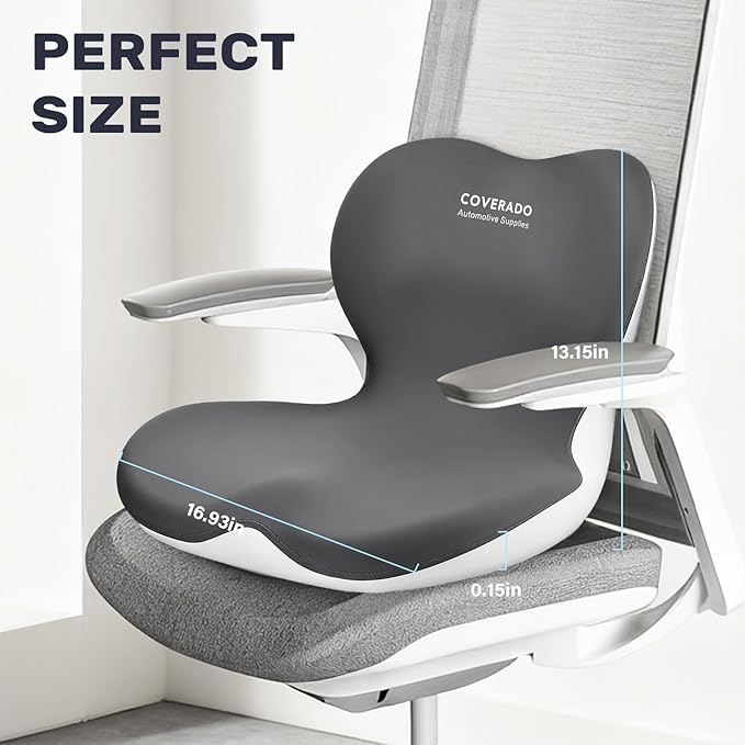 Coverado Car Seat Cushion and Lumbar Support Pillow One Piece, Memory Foam Ergonomic Back Support Driving Seat Cushion for Back Pain, Non-Slip Washable Cushion for Car, Driver, Office