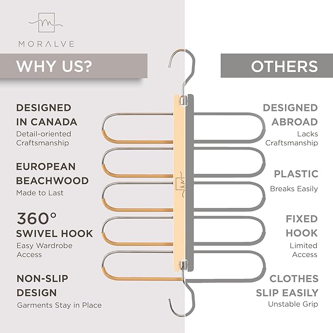 MORALVE Pants Hangers Space Saving - 2 Pack European Beechwood Scarf and Jean Hangers - Closet Organizer and Space Saver Pant Rack, Leggings Hanger, and Scarf Holder with 360° Swivel Hook