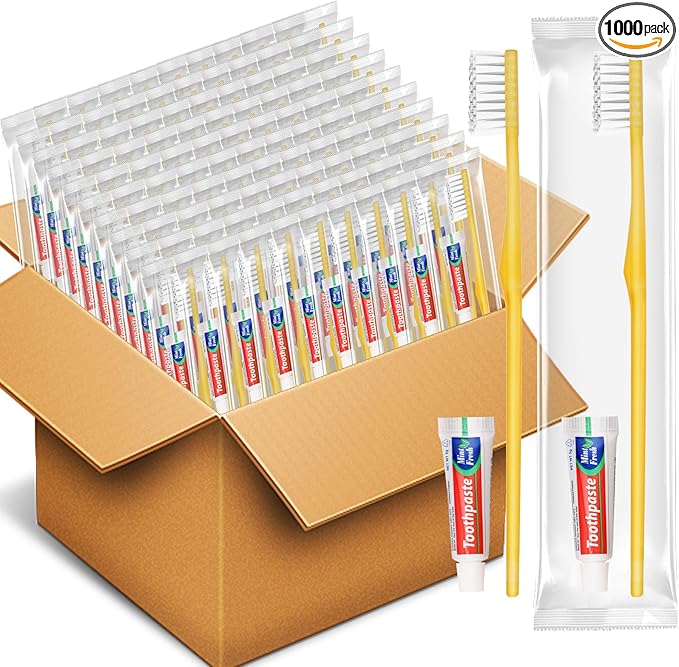 HOFASON Disposable Toothbrushes with Toothpaste Pack of 1000, Yellow Hollow Travel Toothbrush Set with 5g Toothpaste Individually Wrapped Toothpaste Bulk for Homeless, Nursing Home, Shelter, Hotel