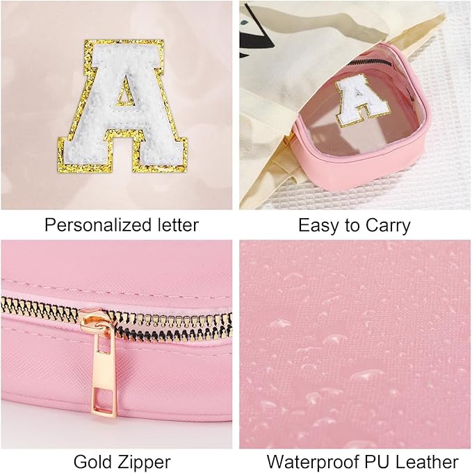 YOOLIFE Mini Initial Makeup Bag | Travel Toiletry Bag | Clear Makeup Bag | Travel Essentials Gifts for Women Teen Girlfriend Teacher Birthday Gifts | Clear Toiletry Bag Small Mini Cosmetic Bag Pink M
