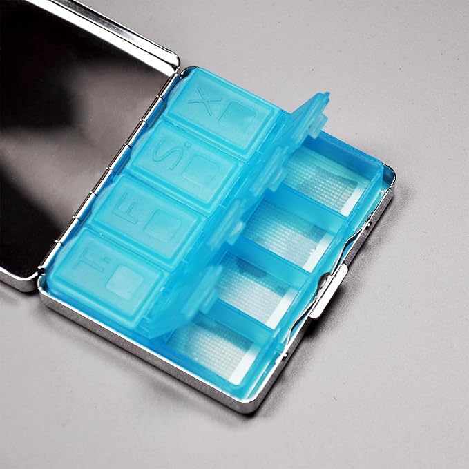 8‑Compartment Metal Pill Box Organizer – Portable Medicine Case 3″×2.6″ | Food‑Grade Dividers | Secure Snap Button Lid | Travel & Gift for Seniors (Dreamy Moon and Rainbow Skies)