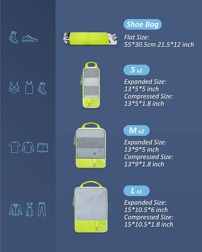 BAGSMART 6 Set Compression Packing Cubes - Lightweight Travel Essentials, Durable Luggage Organizer