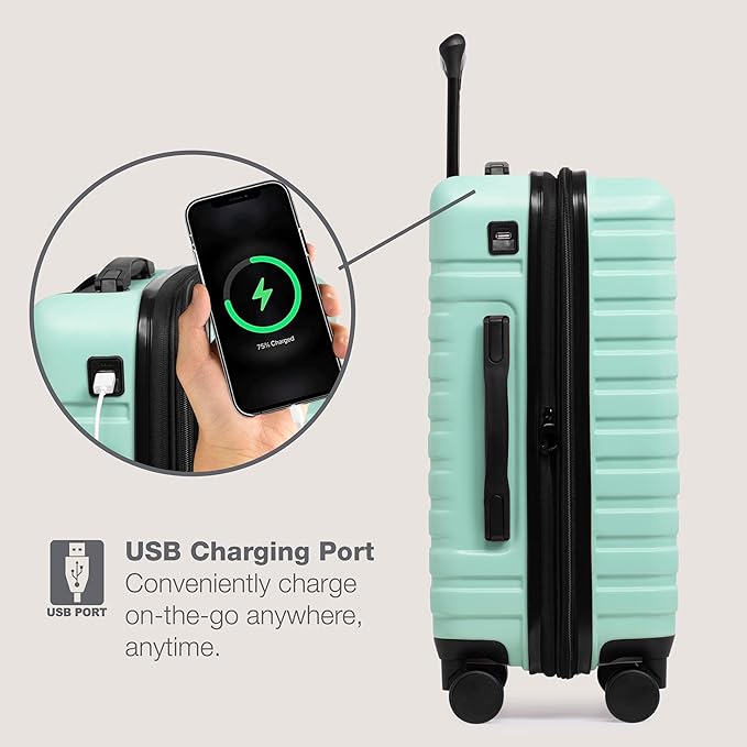 U.S. Traveler Boren Polycarbonate Hardside Rugged Travel Suitcase Luggage with 8 Spinner Wheels, Aluminum Handle, Mint, 2-Piece Set, USB Port in Carry-On