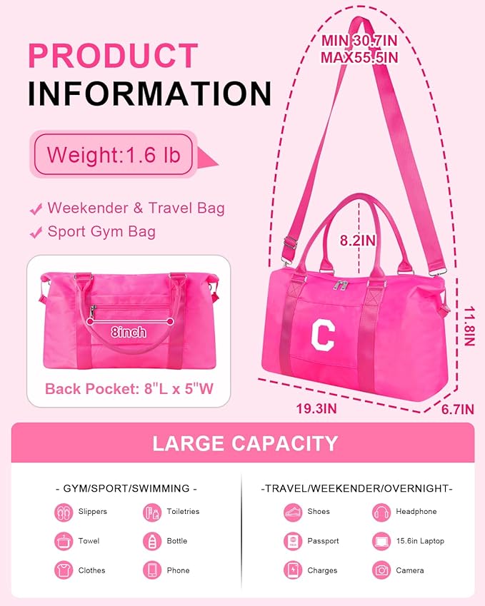 Overnight Bag for Kids Teen Girls Weekender Dance Bag Birthday Graduation Gifts,Initial Travel Duffel Bag Sports Gym Bag Personalized Weekender Bag Carry On Bags Preppy Gifts for Women(Hot Pink, C)