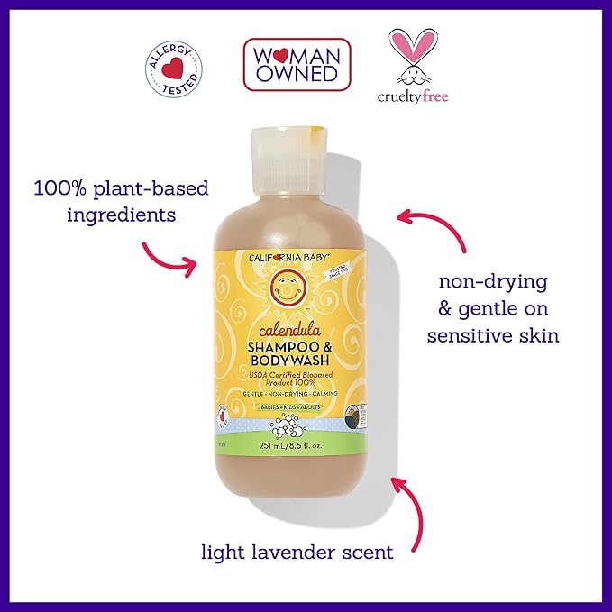 California Baby Calendula Shampoo and Body Wash - Allergy tested Baby Soap and Toddler Shampoo, for Dry, Sensitive Skin, 100% Plant-Based - USDA Certified, 251 mL / 8.5 fl. oz. (Pack of 1)