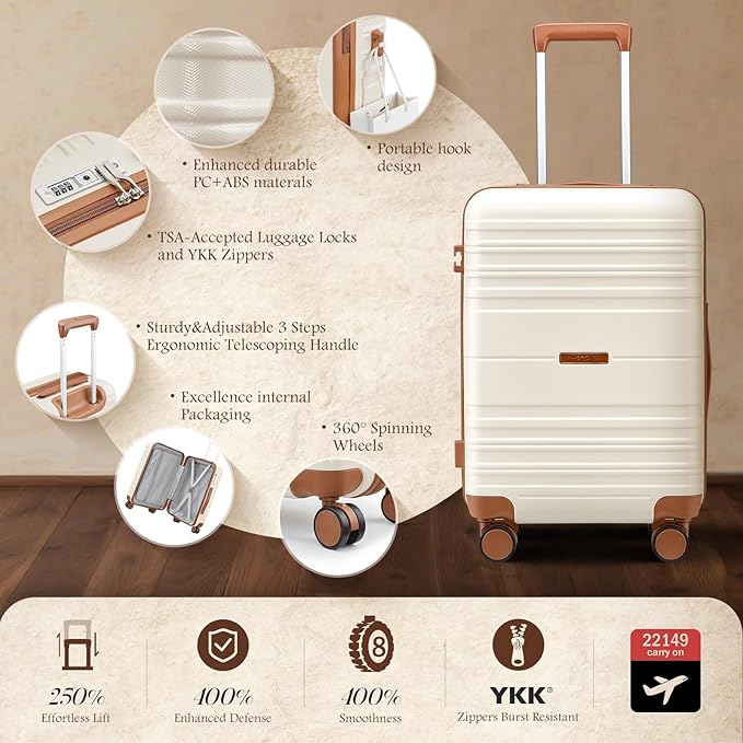 Luggage Sets with spinner wheels, PC+ABS Hard Shell Travel Luggage,Lightweight Carry-on suitcases with TSA Lock,YKK Zippers (Beige, 7 piece sets（14/18/20/24/28/DB/TB）)