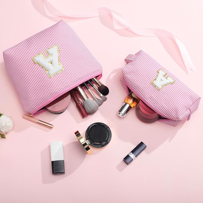 YOOLIFE Initial Makeup Bag for Girls, Travel Cosmetic Bag with Small Makeup Brush Bag Cute Makeup Bag Toiletry Travel Bag Personalized Wife Friend Gifts Makeup Birthday Gifts for Women Her Pink R
