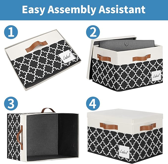 GhvyenntteS Extra Large Storage Bins with Lids, Foldable Fabric Storage Boxes with Lids and 3 Leather Handles, Sturdy Storage Baskets with Label Window (6 Pack, White&Lattice Black)