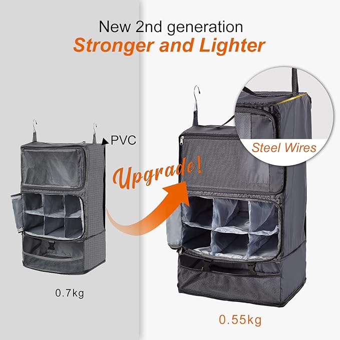 TABITORA Travel Portable Hanging Shelves Closet Organizer Packing Luggage Storage with Multifunctional and Foldable Invisible Compartment,Lightweight, for Suitcase, RV,Closet…Grey,XL