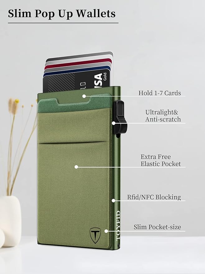 Slim Wallet for Men,Pop Up Credit Card Wallet Aluminum Minimalist RFID Blocking Smart Card Holder with Cash Slot for Front Pocket,6-12 Card Capacity, Green