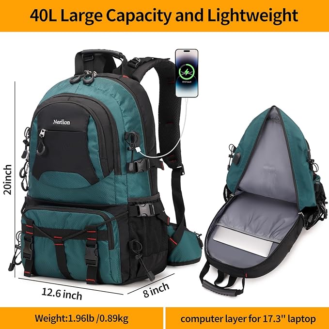 Nerlion 40L Hiking Backpack Travel Backpack for Men Women Camping Waterproof Outdoor Hiking Daypack Lightweight Backpack (Dark Green)