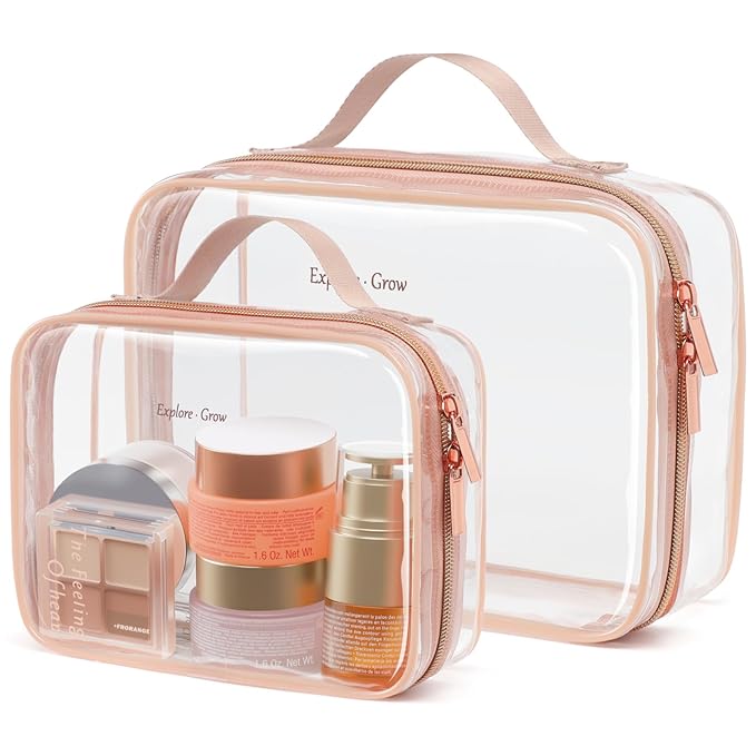 PACKISM Clear Makeup Bag - 2 Pack TSA Approved Toiletry Bag with Handle and 180° Large Opening, Clear Toiletry Bag Fit Carry-on Travel Essential, Travel Bags for Toiletries, Rose Pink