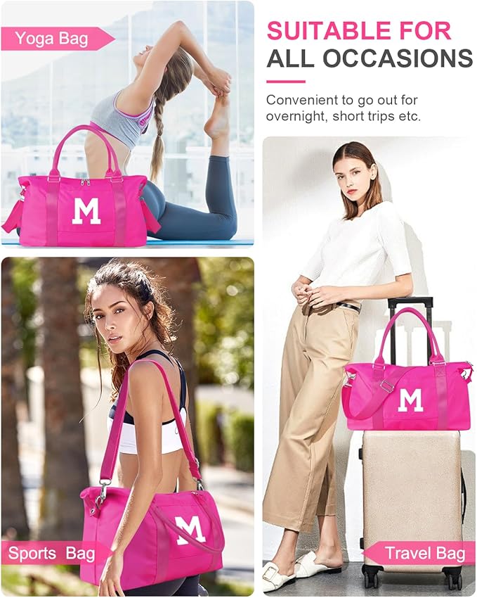 Overnight Bag for Kids Teen Girls Weekender Dance Bag Birthday Graduation Gifts,Initial Travel Duffel Bag Sports Gym Bag Personalized Weekender Bag Carry On Bags Preppy Gifts for Women(Hot Pink, M)