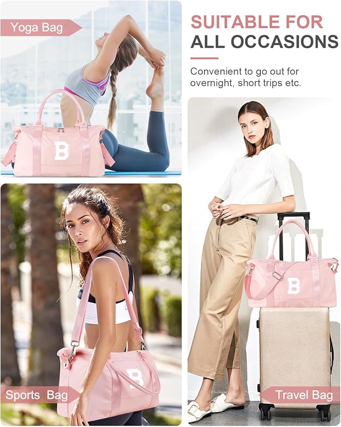 Initial Travel Duffel Bag Sports Gym Bag for Girls Teen Birthday Gifts,Pink Personalized Weekender Bag Carry On Tote Bags for Women Men,Waterproof Overnight Luggage Bag with Trolley Sleeve(Letter B)