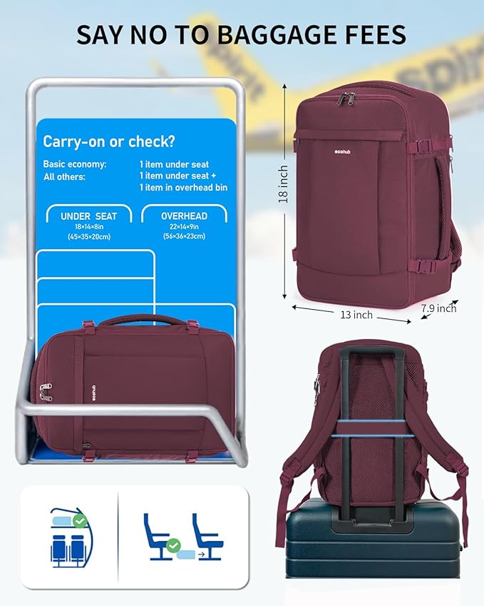 ECOHUB Travel Backpack for Women, Carry on Backpack with USB Charging Hole, Spirit Airlines Personal Item Bag Flight Approved, 15.6 Inch Laptop Backpack with Anti Theft Pockets, 30L, Red