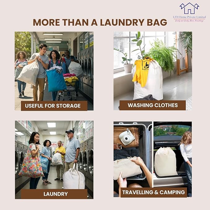 LFH Home Cotton Canvas Large Laundry Bag with Handle, Heavy Duty Drawstring Closure Washable Laundry Bags, School Travel, Home, Hotel, College Dorm, Organizer Sack, Toy Clothes 28x40 (Pack of 2)-White