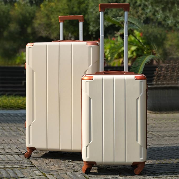 Merax 28 Inch Checked-Large Luggage with Wheels Aluminum Alloy Corner Hard Shell Suitcase TSA Luggage Suitcases for Travel Woman Men(White Brown)
