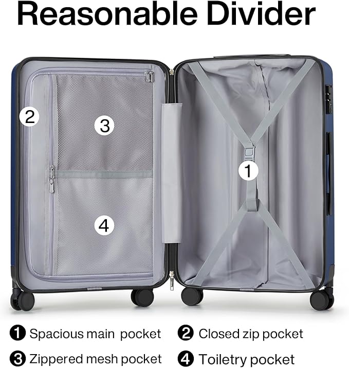 Hanke 24 Inch Luggage Suitcases With Spinner Wheels Lightweight PC Hard Shell Rolling Suitcase With Travel Locks,Checked-Medium 24-Inch(Dark Blue)