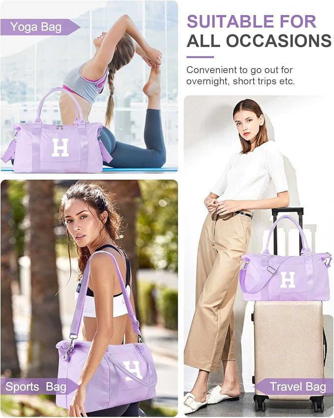 Daughter Niece Gifts for Teen Girl Kids, Initial Travel Duffel Bag Sports Gym Bag Personalized Gifts Weekender Bag，Monogram Overnight Bag Cute Dance Bag Birthday Bridesmaid Gifts for Women(Purple, H)