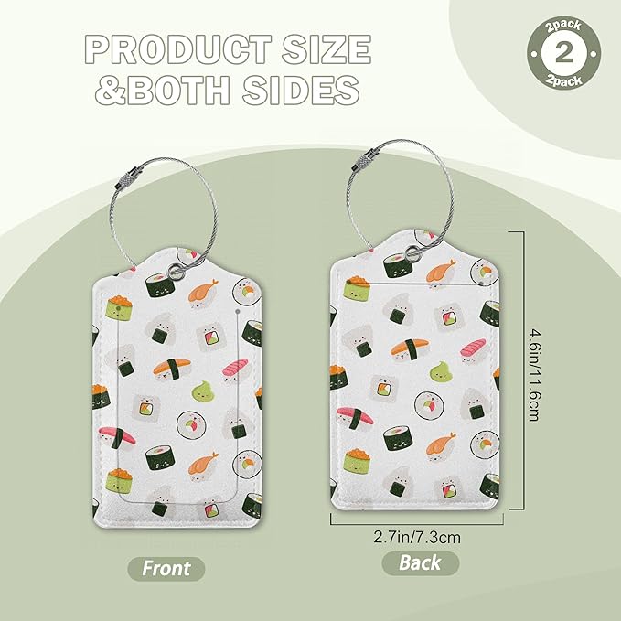2 Pack Luggage Tags for Suitcase,Cute Funny Japanese Sushi Leather Luggage Tag Bag Tags Identifiers Privacy Cover Id Label with Steel Loop for Women Men Girls Boys Travel