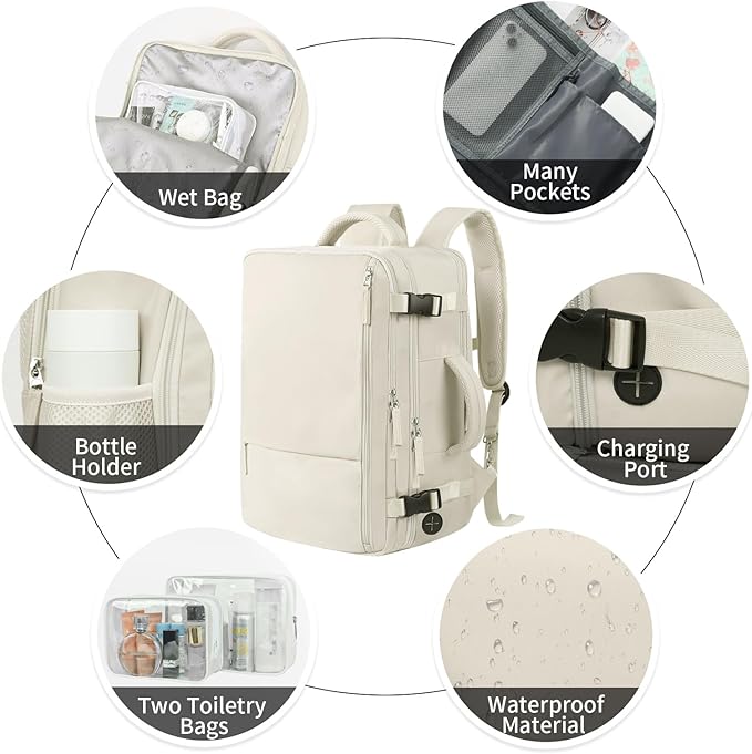 Hanples Large Travel Backpack for Women, 35L Carry on Luggage Backpack, College Laptop Backpack Airline Approved Business Work Bag Fits 17 Inch Computer for Men with 2 Toiletry Bags (Beige)