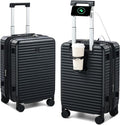 Hard Shell Suitcases Airline Approved 20 Inch Carry on Luggage with Wheels, Expandable Travel Luggage with Cup Holder Charger Built in Lightweight Small Suitcase, Black