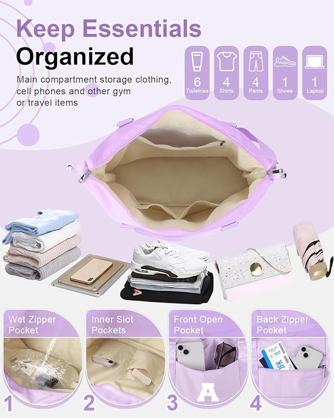 Daughter Niece Gifts for Teen Girl Kids, Initial Travel Duffel Bag Sports Gym Bag Personalized Gifts Weekender Bag，Monogram Overnight Bag Cute Dance Bag Birthday Bridesmaid Gifts for Women(Purple, A)