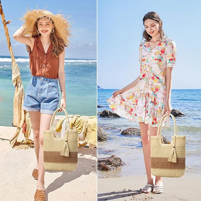 Straw Beach Bags for Women Woven Beach Tote Bag Casual Boho Large Shoulder Handbags Purse for Vacation Holiday