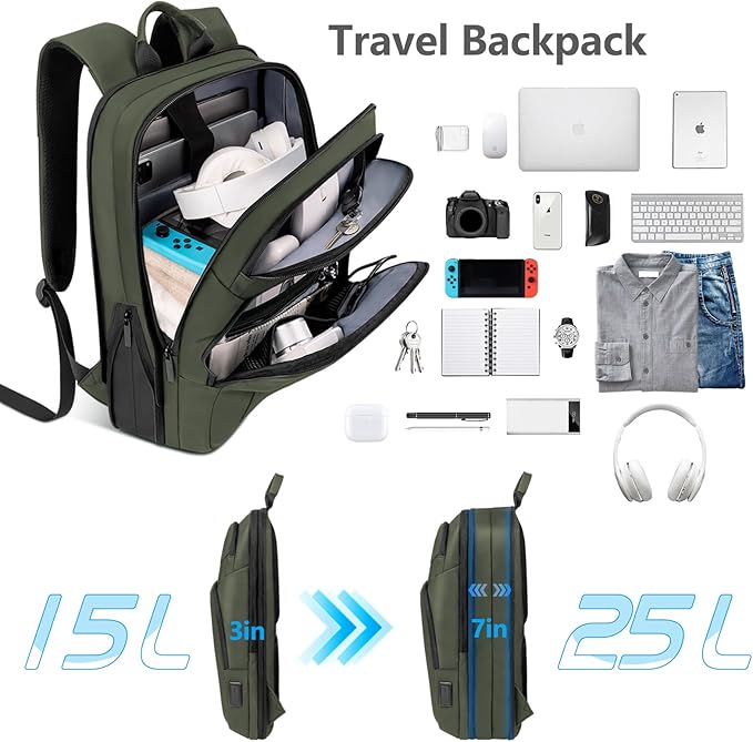Backpack for Men Slim & Expandable Travel Laptop Backpack with USB Charging Port Water Resistant Anti-Theft Business Backpack Fits 15.6 Inch Laptop for Commute Work College with Small Bag(Olive Green)